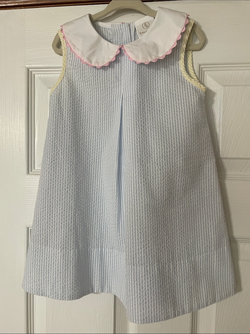Light Blue Seersucker Peter Pan Collar Dress with Pink & Yellow Trim